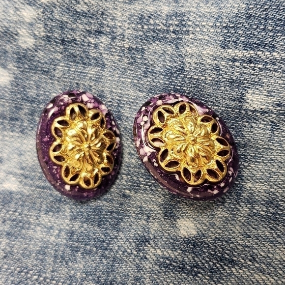 Clip on Earrings Purple Enamel Look and Gold Look - Picture 6 of 7
